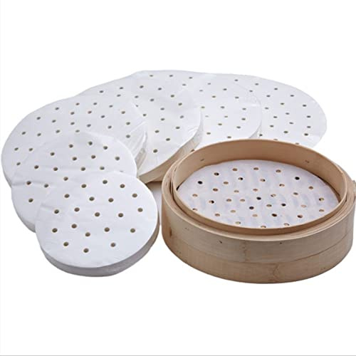 Hothotgirl Confezione da 250 fogli di carta Dim Sum come base per vaporiera in bambù, friggitrice ad aria calda, rivestimento antiaderente, carta da forno rotonda, carta di bambù perforata, 8,9 cm