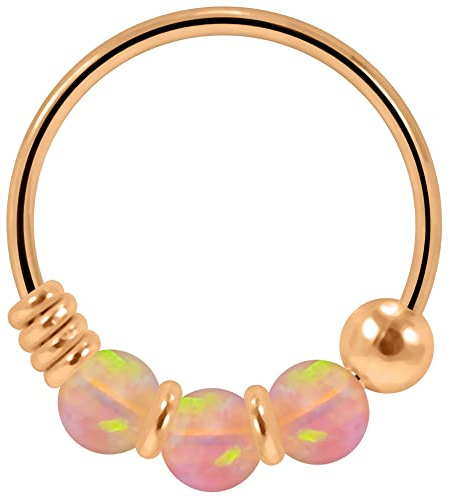 AZARIO LONDON Triple Pink Opal Stone 22 Gauge (0.6MM) - 8mm Diameter Rose Gold Plated 925 Sterling Silver Open Hoop Nose Ring Jewellery