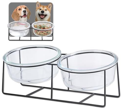 Comedero Perro Elevado con Soporte - Comedero Gato Doble Cristal para Agua y Comida - Comederos y Bebederos para Perros Mediano | Gatos Grande - 850ml × 2