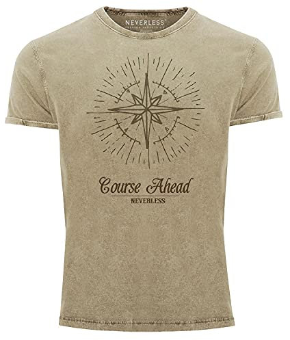 Neverless® Herren T-Shirt Vintage Shirt Printshirt Kompass Windrose Used Look Slim Fit Natur L