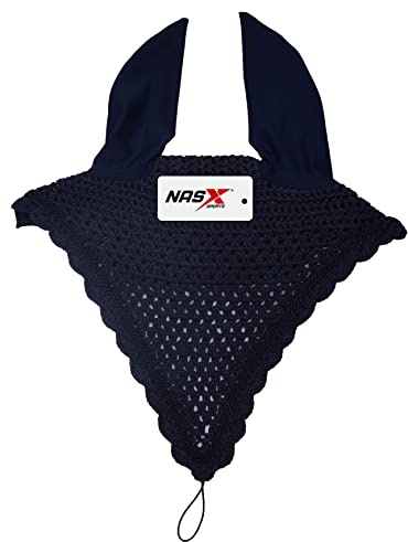 Horse Long Tie Down Fly Hood Fly Veil Ear Bonnet Flyveil Net Handmade Crochet (Full, Navy)
