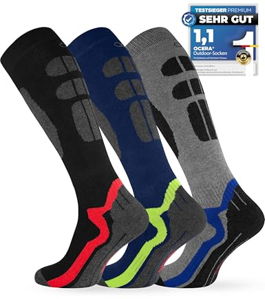 OCERA ADVENTURE Ski-Strümpfe für Damen & Herren, 3 Paar Thermo Kniestrümpfe mit Vollfrottee, Gepolstert, Warm - Blau-Rot-Grün Mix Gr. 35/38