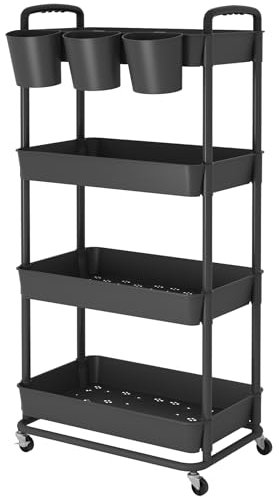 JIUYOTREE Rollwagen aus Kunststoff, 4-stöckig, mit extra hängenden Tassen, Griffen, feststellbare Räder für Wohnzimmer, Badezimmer, Küche, Büro, Schwarz