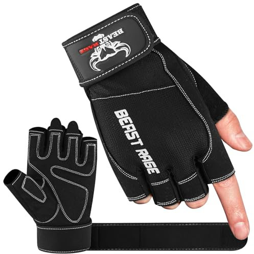 Beast Rage Fitness-Handschuhe, Gewichtheber-Handschuhe, rutschfest, gepolstert, Handfläche, elastisch,für Crossfit, Workout, Training, Radfahren, Übung, Halbfinger-Handschuhe für Männer und Frauen