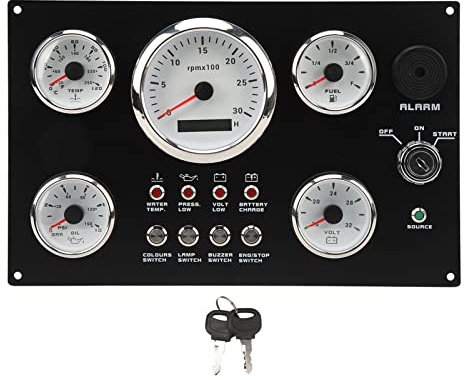 Aramox Tableau de Bord de Bateau, 24 V 7 Couleurs rétroéclairé 5 Jauge Tableau de Bord 85 Mm 3000 Tr/min Maximum Affichage de Tension de Pression D'huile pour Bateau Marin Yacht