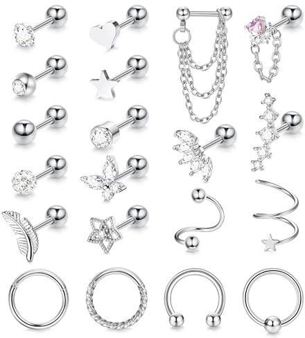 JeweBella 20 Stück 16G Ohrringe Set für Damen Chirurgenstahl Helix Piercings Gold/Silber Creolen Feder Herz Stern Ohrstecker Set Conch Helix Tragus Piercing Ohr Schmuck