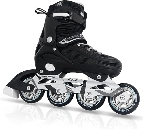 Black Inline Skates for Youth Boys Men, 4 Sizes Adjustable Blades Roller Skates with Ankle Support, Adjustable Strap, 90mm Wheels and Soft Boot Fit for Skating, Roller Derby, Street Hockey