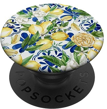 Amalfi Lemon Blossom Watercolor Citrus & Blue Tile Pattern PopSockets Adhesive PopGrip