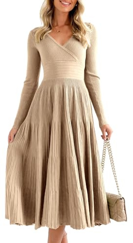 Saodimallsu Womens Long Sleeve Midi Sweater Dress Wrap V Neck Pleated A Line Fit Flare Elegant Knit Maxi Dress Khaki