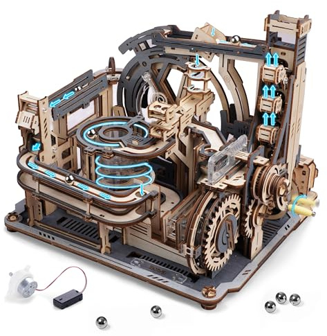 ROBOTIME Motorized Wooden Puzzles for Adults - 3D Puzzles for Adults LGC01 Marble Spaceport - Wooden Marble Run Model to Build - Space/STEM/Engineering Gift