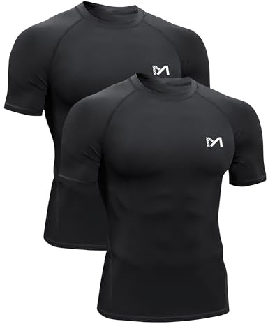 MEETYOO Hauts Compression de Running Homme,Maillot de Fitness Fonctionnel à Manches Courtes Maillot de Sport Homme Respirant Maillot de Course pour Sports Jogging Musculation,Noir+Noir,XXL