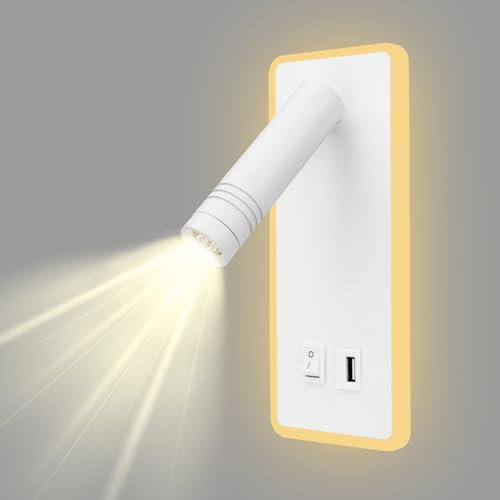 uksunvi Lámpara de pared de lectura junto a la cama lámpara de pared LED de pared 9w lámpara de pared ajustable faros 3000k lámpara de calor con carga USB (Rectángulo blanco)