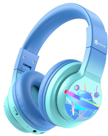 iClever Bluetooth Kinder Kopfhörer, Farbige LED-Leuchten, Kinderkopfhörer Over-Ear mit 74/85dBA Lautstärkebegrenzung, 85 Stunden Spielzeit, Bluetooth 5.2, Eingebautes Mikrofon, Farbverlauf blau