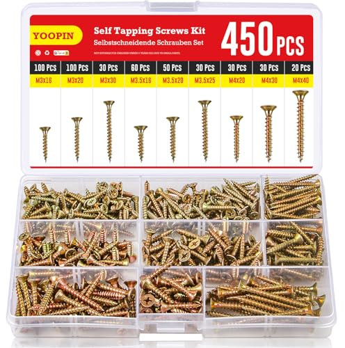 YOOPIN Schrauben Set, 450 Stück Holzschrauben Set, M3 M3.5 M4 Schrauben Sortiment, Farbe Zink Selbstschneidende Schrauben, Phillips Senkkopf Holzschrauben Sortiment, Schrauben für Holz und DIY-Projekt