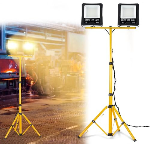 FIVMEN Baustrahler 2x100W 8500LM LED Strahler Arbeitsleuchte mit Verstellbarer Stativ und 3m Kabel Stecker Baulampe Arbeitsscheinwerfer Wasserdicht IP66 für Garage Werkstatt Baustelle, Warmweiß