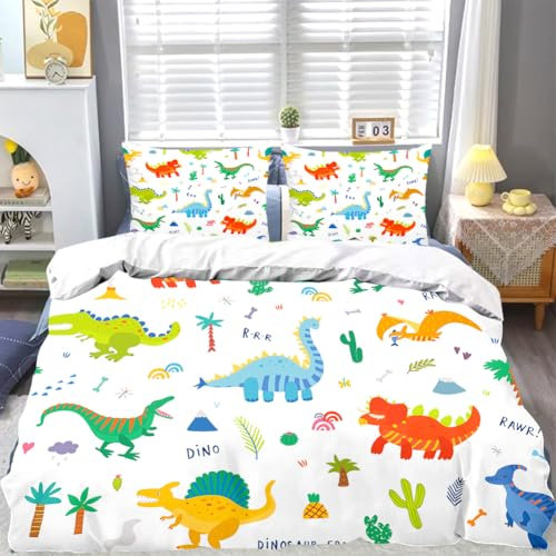 Dino Bettwäsche 135x200 für Kinder – Bunte Cartoon Dinosaurier Wendebettwäsche aus 100% Baumwolle mit Kissenbezug 80x80 und Reißverschluss – Für Jungen und Mädchen und Kissenbezügen(80x80cm)-2