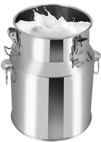 Pichet Lait Inox 5L Cylindrique Argent Autoportant Seau Inox avec Poignée pour Contenir Riz, Feuilles Thé, Haricots, Céréales, Ait, L'eau, Miel, L'huile, pour Cantine, Restaurant Petit-déjeuner