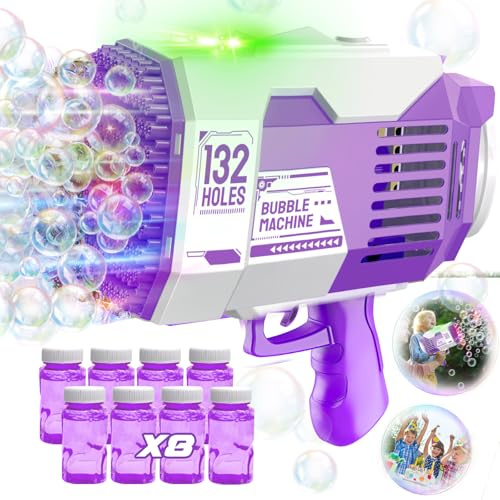 Aooess Bubble Machine for 3-8 Year Old Kids: 132 Hole Rocket Bubble Gun Toys for Boys Girls Age 3 4 5 6 7 8 Bubble Makers for Toddlers Outdoor Birthday Party Gifts Bubble Blaster Blowers (Purple)