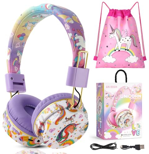 AXFEE Bluetooth justerbara hopfallbara barnhörlurar, HD stereoljud, TF-kort, 3,5 mm ljud, lämplig för PC, telefon, iPad, arbetsrum, resa, skola (lila)