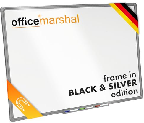 OfficeMarshal Magnettafel Whiteboard 60 x 90 cm mit Alurahmen silber | Magnetisches Whiteboard mit Stiftablage | Memoboard Magnetwand trocken abwischbar (silberner Rahmen)