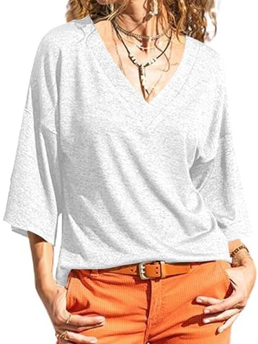 Fisoew Chemise pour femme à manches 3/4, avec col en V, décontractée, estivale., Blanc, Small