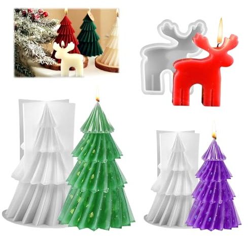2 Pezzi 3D Forma di Albero di Natale Stampo + 1 Pezzi Stampo in Silicone Natale Renna, Stampi per Candele di Natale, Stampi in Silicone per Candele, per Realizzare Candele Saponi Aromaterapia (B)