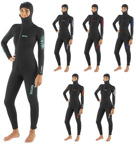 SEAC Liberty Long Lady - Traje húmedo monopieza para Mujer de 5 mm con Capucha integrada, Neopreno Resistente, Refuerzos Supratex, Cremallera Frontal y en Tobillos, Tallas por Colores