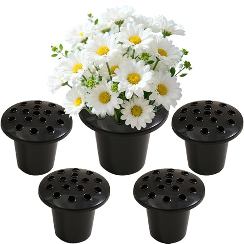 RNPKZ 5Pcs Memorial Grave Vases, Grave Flower Holders with Lids, Round Grave Flower Pots, Plastic Memorial Vases for Flowers Cemetery, Grave Decorations, Memorial Tributes & Outdoor Arrangements