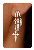 HANLI Silver Cross Earrings for Women Trendy Sterling Silver Triple Huggie Earrings Dainty Dangle Earring Small Hoops Statement Long Drop Chain Earrings Fashion Non Tarnish Jewelry