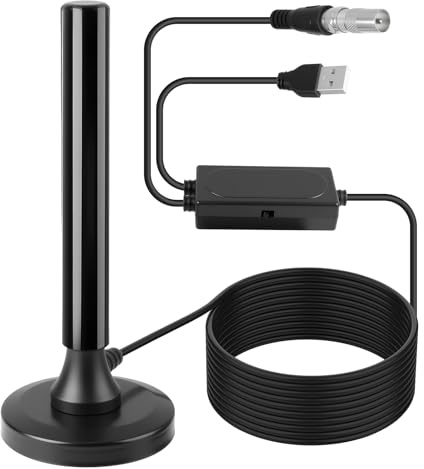TV Aerial Indoor with Signal Booster and Magnetic Base, Long Range Freeview HDTV Antenna Compatible with Smart TV DVB-T2, Supports 4K 1080P Full HD Channels, 5m Coaxial Cable indoor smart tv aerial