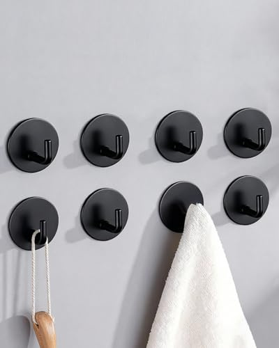 CCDecor Ganchos autoadhesivos para toallas - 8 unidades. Ganchos adhesivos de alta resistencia y máxima solidez (hasta 6 kg), redondos, de acero inoxidable, para montar en la pared, negro