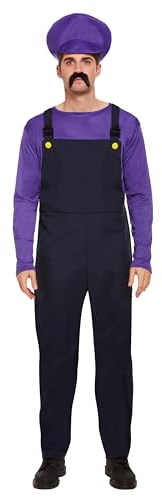 HENBRANDT Adult Men’s Purple Bad Plumber Fancy Dress Costume Retro 1980s Videogame Purple + Black Overalls Moustache Brothers Workman Dress Up Outfit One Size Mens Fancy Dress Costume