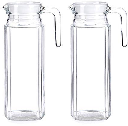 TIENDA EURASIA® Pack 2 Jarras de Agua - Jarras de Cristal con Tapa - Medida Universal Ideal para Neveras (Cuadrada 2 x 1 L - 9,3 x 25 x 12,5 cm)