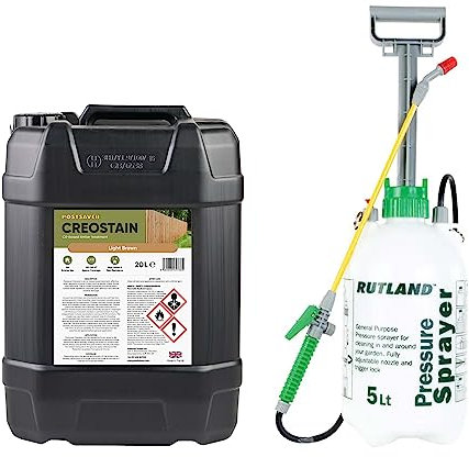 Postsaver Creostain Creocote & Sprayer | Oil-Based Timber Wood Treatment | Creosote Substitute | Stain and Preserver for Fences & Sheds | 20 Litre + Sprayer (Light Brown)