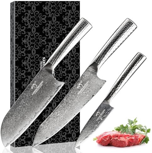 Damascus Kitchen Knife Set 3 PCS with Chef Knife,Santoku Knife and Paring Knife,VG10 Steel 67 Layers Superior Damascus Steel Knives Blades Sharp Damascus Japanese Style with Hammered Handles
