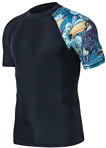 HUGE SPORTS Rashguard Homme Manches Courtes Maillot de Bain T-Shirt Surf Natation Plongée Plage (HeyToucan,S)
