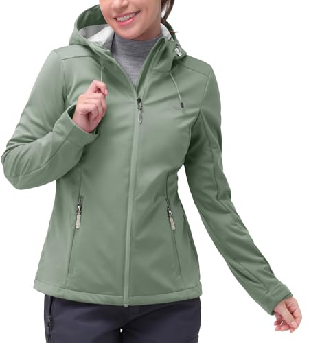33,000ft Damen Softshelljacke Wasserdichte Winddichte Funktionsjacke Atmungsaktive Übergangsjacke Leichte Fahrradjacke mit Kapuze Windbreaker zum Laufen, Radfahren, Wandern,Grün 40