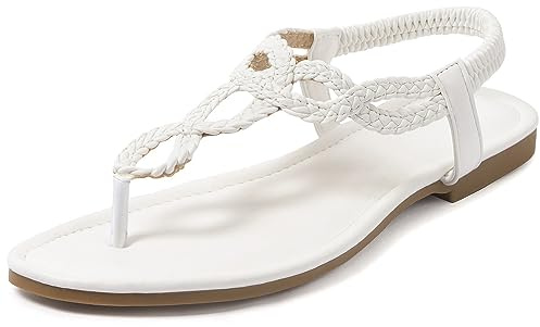 iCKER Womens Braided Flat Sandals T‑Strap Elastic Ankle Strap white-7