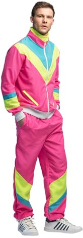 Boland - Survêtement pour homme style années 80, rose fluo | Veste et pantalon, brillent sous la lumière noire, tenue rétro, survêtement, carnaval, soirée à thème, costume groupe