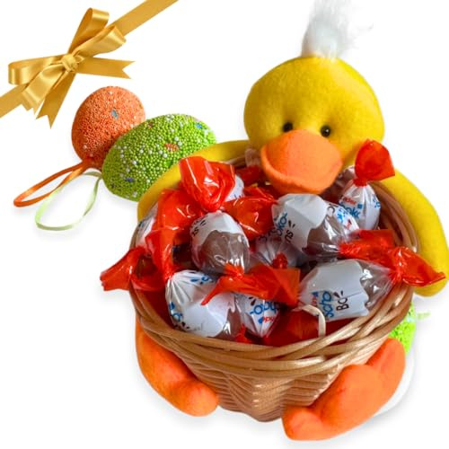 Huevos de Pascua 2024 - Cesta de Pascua + Decoración decorativa de huevos + Tarro de pato 15 cm + Bons Kinder Schoko de 125 g - Caja de regalo incluida
