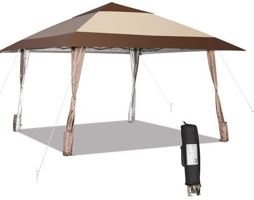 HOMASIS Gazebo Pieghevole Esterno Resistente 4x4m, Gazebo da Giardino con Protezione Solare, Tenda Padiglione con Tetto Regolabile per Campeggio, Marrone