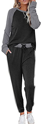 Ekouaer womens Pyjamas set lightweight lounge wear sets crewneck Long Pant Nightwear 2 PCS Sleepwear set long sleeves Pjs Black L