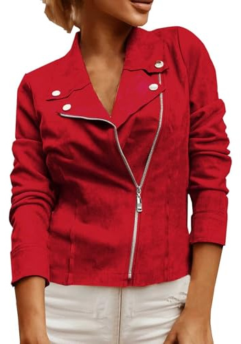 JOASDAO - Veste en cuir suédé synthétique pour femme - Manteau moto court à zip oblique - Blazer motard à la mode - Vestes courtes habillées, Rouge, XXL