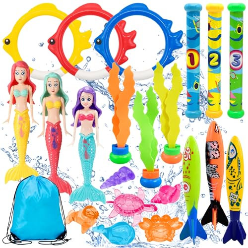 Chennyfun 22pcs Jouets de Plongée Piscine Set avec Sac, Anneaux de Plongée, Torpedo Bandits, Bâtons de Plongée, L'algue Plongée, Piscine Jouet sous Eau été Jeux pour Enfant Garçon Fille