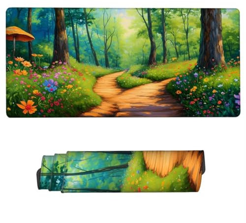 Spelmusmatta skog musmatta, vattentät musmatta grön skrivbordsmatta stor 150 x 80 x 0,3 cm, halkfri skrivbordsmatta, sydda kanter spelmusmatta, förbättrad precision och hastighet, skrivbordstillbehör