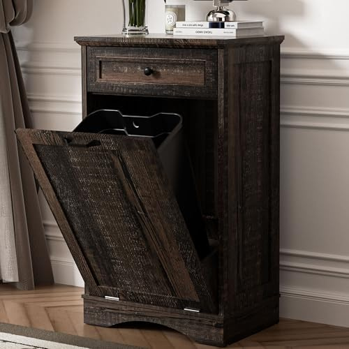 AHB 13 Gallons Tilt Out Trash Cabinet Hidden Trash Can Cabinet Freestanding Garbage Recycling Cabinet with Hideaway Drawer Pet Proof Trash Bin for Kitchen Living Room, Rustic Brown