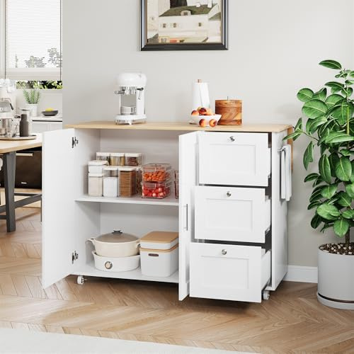 L135 x B44 (70) x H 90 cm, grande tavolo da cucina mobile, piano di lavoro in legno di rovere, design pieghevole, armadio multifunzionale, 3 cassetti, portasciugamani, adatto per cucina, sala da