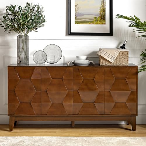 HULALA HOME Sideboard Storage Cabinet with 4 Doors and Adjustable Shelves, Large Sideboard Modern Kitchen Buffet Cabinet with Solid Wood Legs for Living Room and Dining Room, Walnut