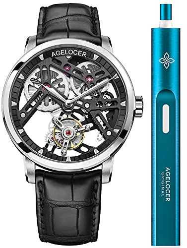 agelocer Montre pour homme double squelette tourbillon volant à ressort libre, cadran en acier inoxydable de 40 mm, réserve de marche 80H, cristal saphir, montre d'affaires pour homme, cadeau de luxe