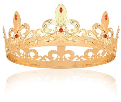 Wecoe King Crown for Men Regal King/Queen Tiara Prince Diadem Medieval Headwear Birthday Prom Halloween Cosplay Costume Accessories(Silver, Red Rhinestones & Gold-plated)